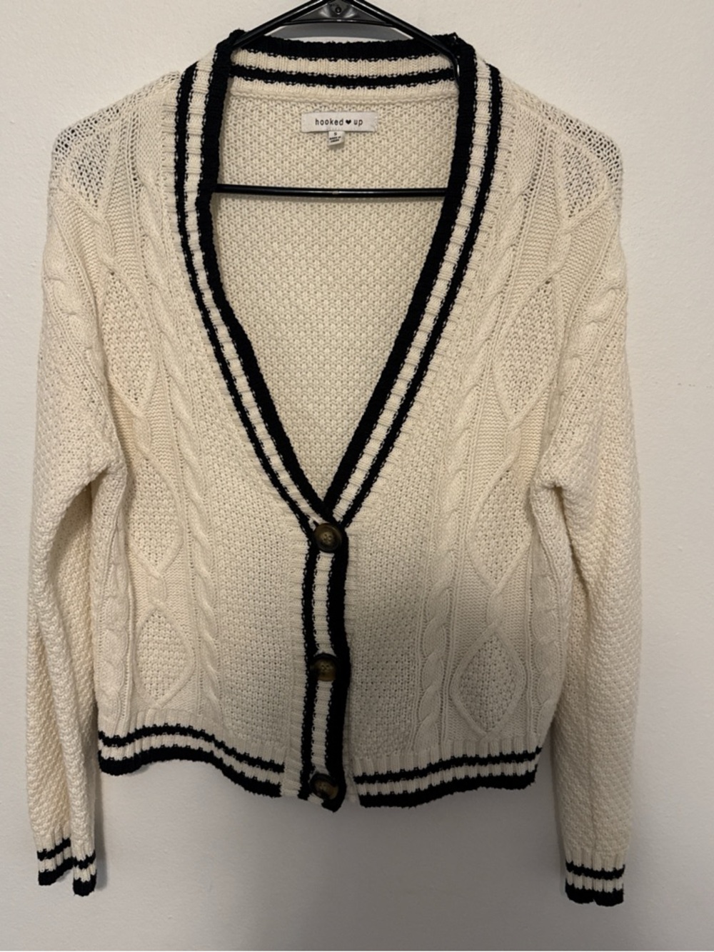 Hooked Up by IOT Cream Cable Knit Cardigan with Black Trim Accents